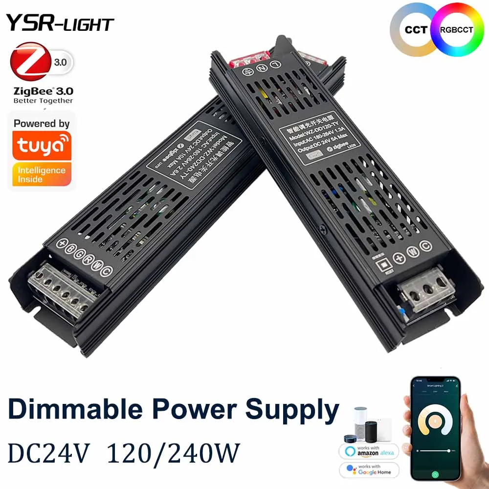 Tuya Zigbee 디밍 가능 LED 드라이버, DC24V, 120 W, 240W, CCT, RGBCCT 조광기 변압기, 2 인 1, 알렉사 구글용 지지대 음성/앱 제어