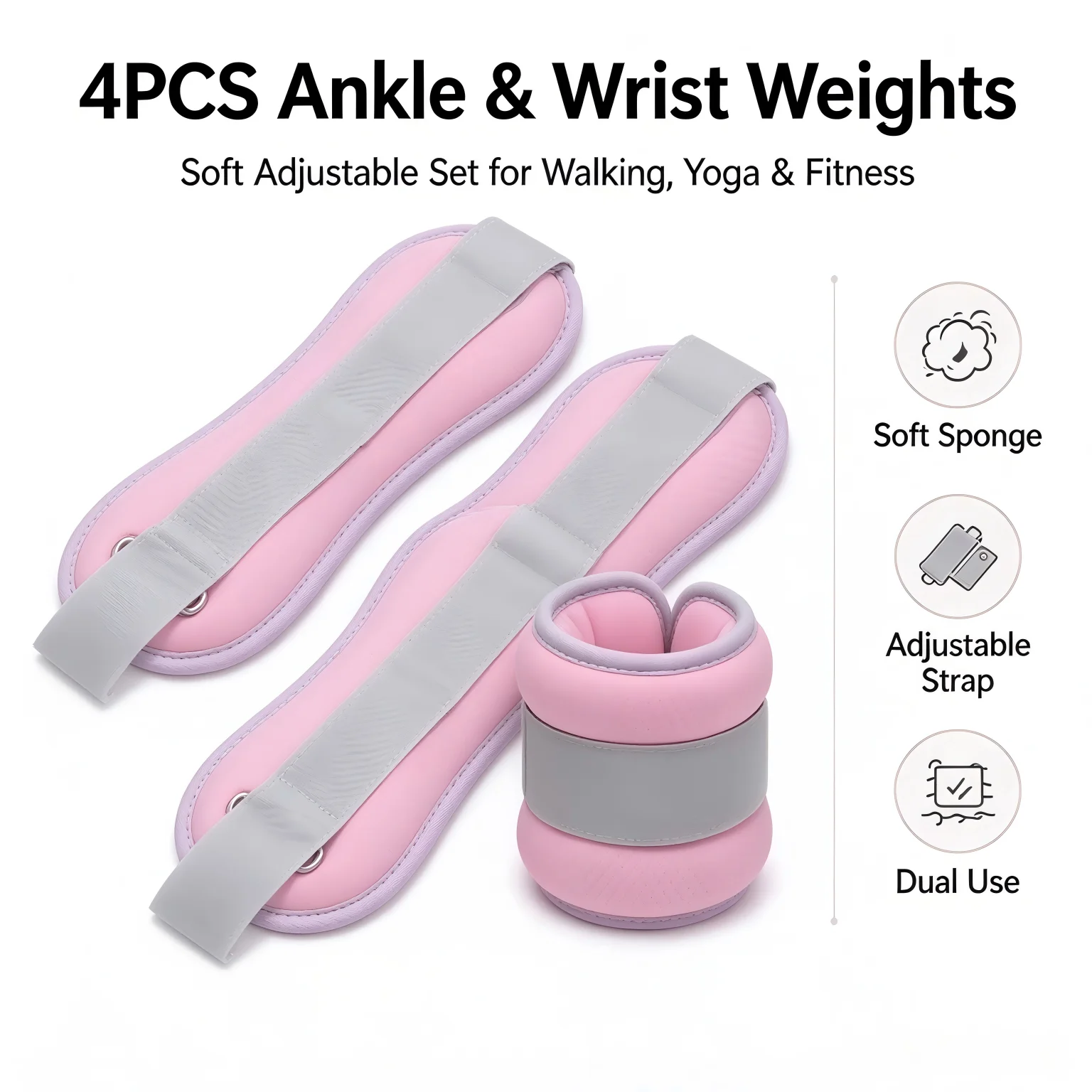 4Pcs 1kg Pack Total 4kg Wearable Ankle Wrist Weight Sandbags, Dance Leg Arm Weights for Yoga Running Home Fitness Training