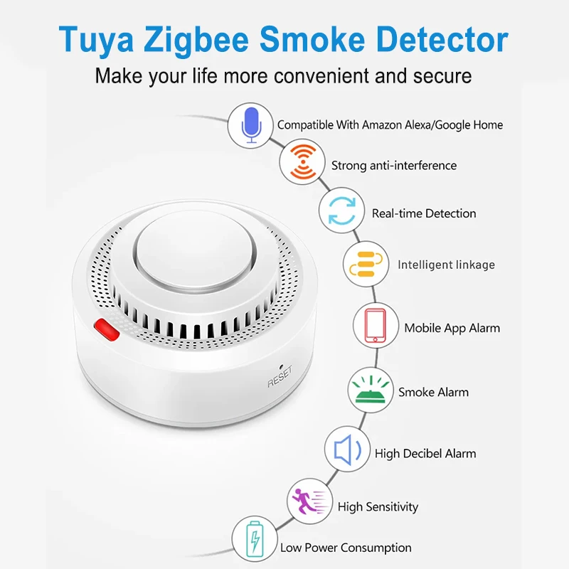 Tuya Zigbee Smart Smoke Detector Smart Life App Remote Monitoring Fire Alarm Sensor Home Security System Works with Gateway Hub