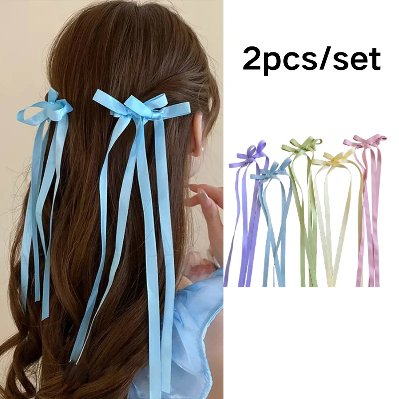 

2pcs/set Sweet American Ribbon Kids Hair Bows Ethereal Poly-Cotton Butterfly Clip with Flowing Streamers Ponytail Accessories