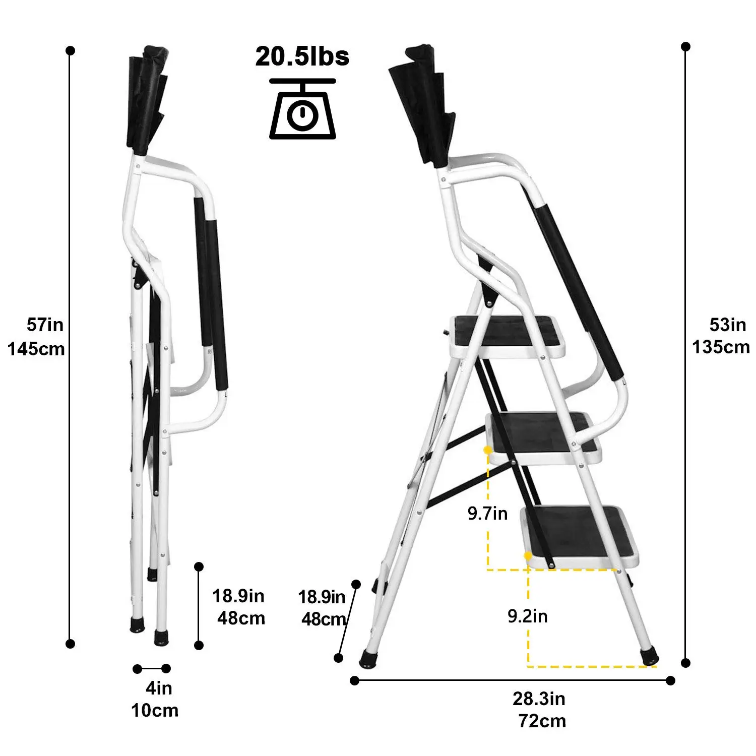 3 Step Ladder with Handrails 500 lb Capacity Step Stool Folding Portable Ladders for Home Kitchen Steel Frame with