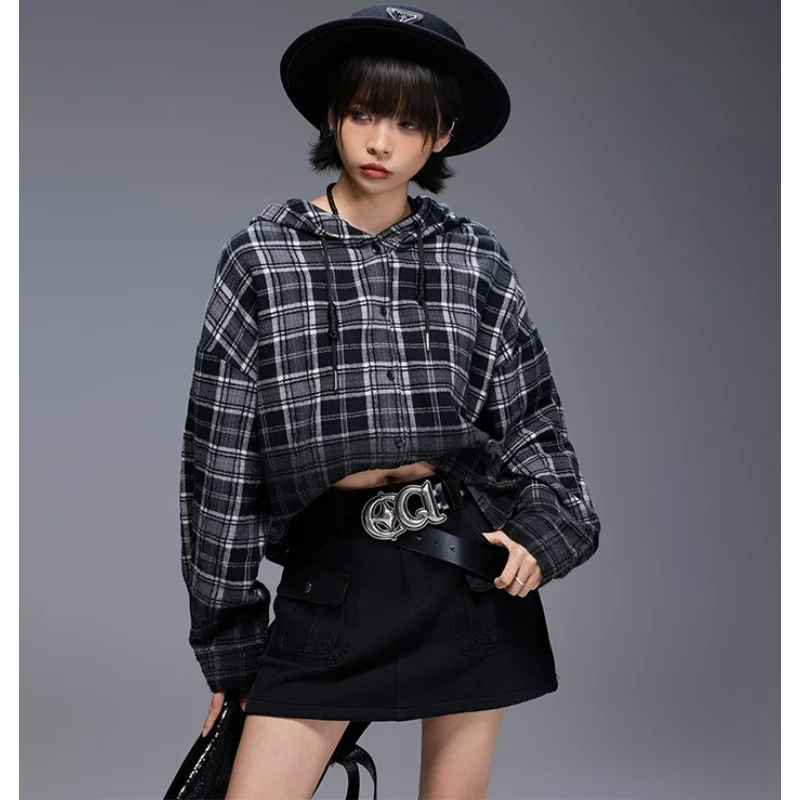 Women Autumn Hooded Shirts Gradient Cotton Long-sleeved Plaid Blouses  American Street Loose Trend Casual Tops Clothing Female