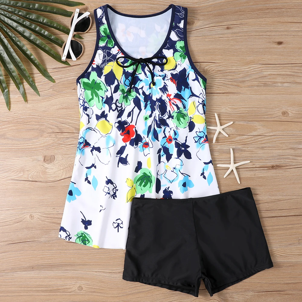 

Floral Print Patchwork Black 2 Piece Set Tankini, Round Neck High Waist Stretchy Swimsuits, Women's Summer Bikini Beachwear