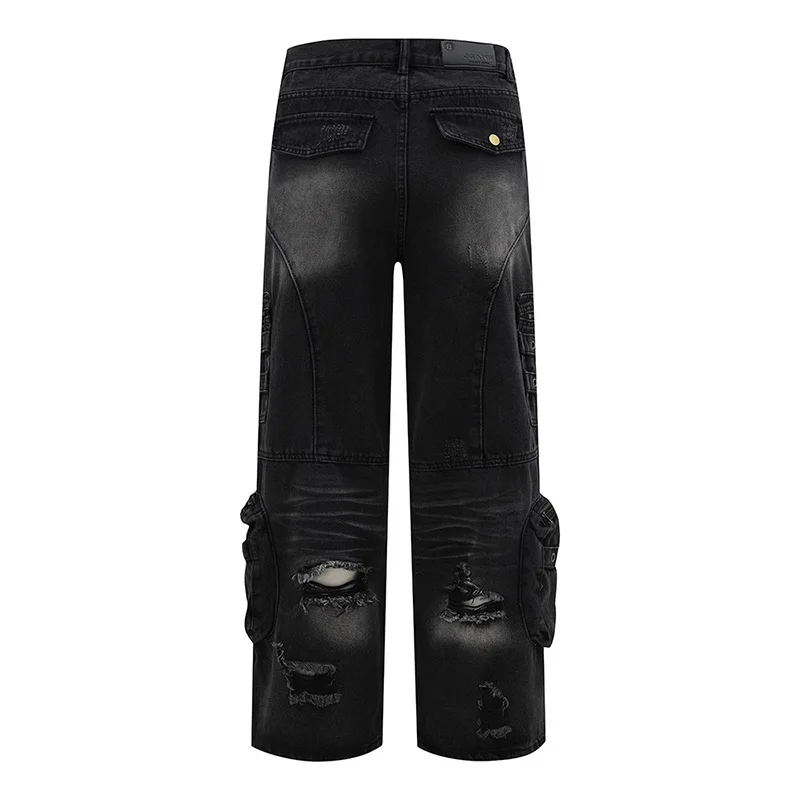 Hi Street Baggy Cargo Jeans Pants Multi Pockets Streetwear Black Denim Trousers For Male