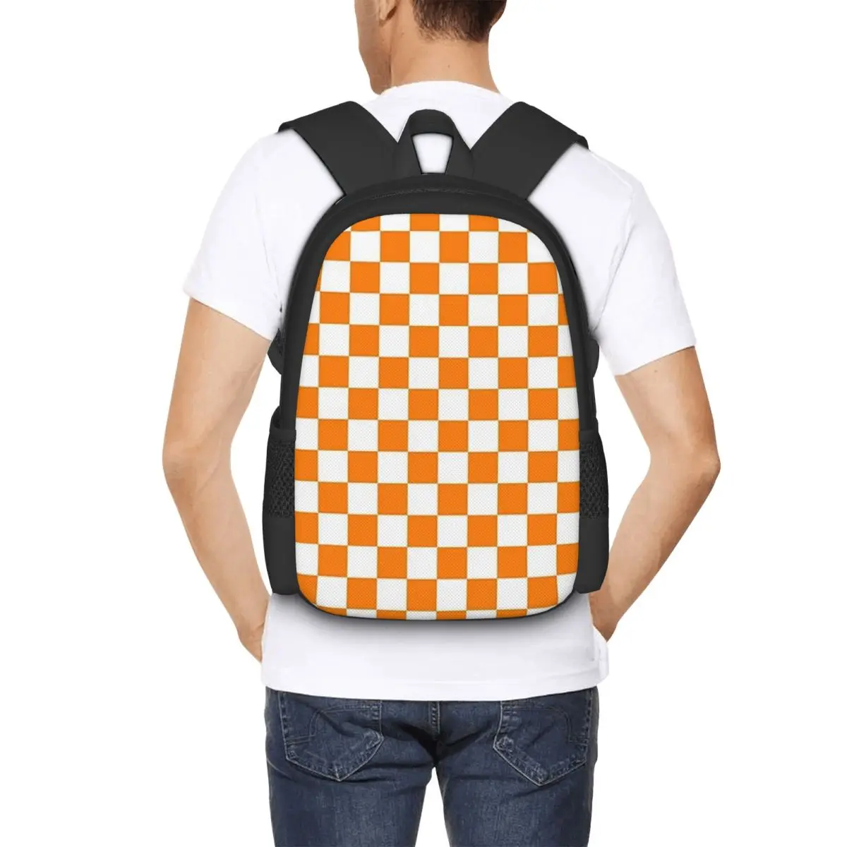 Orange White Checkered Pattern Backpack Hot Sale Daypack Large Capacity Children BookBag School Bag Shoulder Bags for Men Women