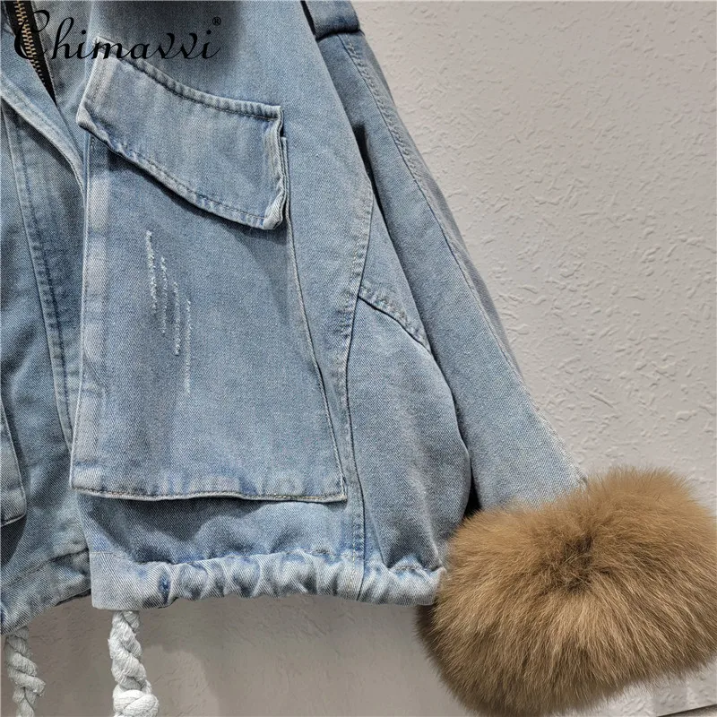 

Утолщенная джинсовая куртка с длинным рукавом и воротником из натурального меха на флисовой подкладке для женщин, свободная модная повседневная зимняя хлопковая парка в корейском стиле