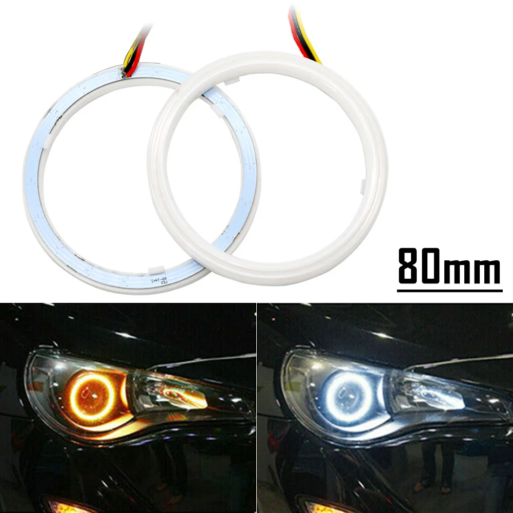 1Pair 80MM Switchback LED Angel Eyes Halo Rings Car Headlight Retrofit White Amber Dual Color Lamp