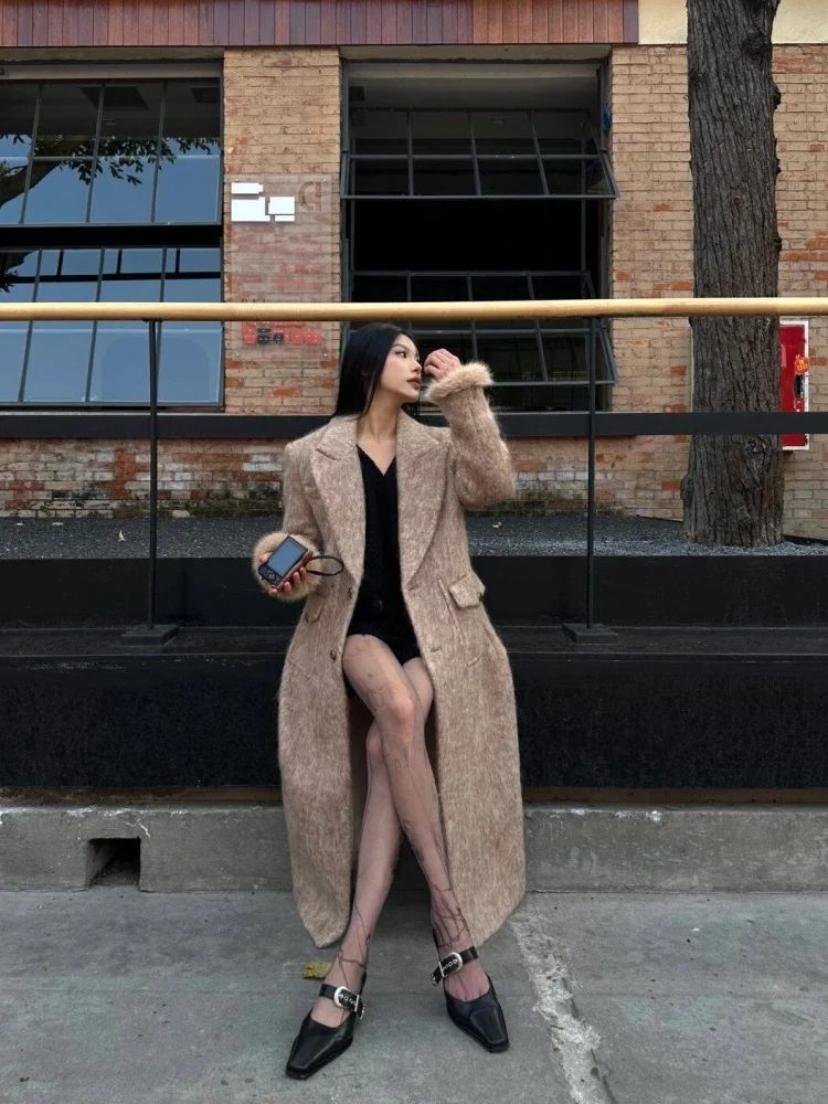 

Korean Sle Long Woolen Suit Jaet for Women Winter High Faion Rich Girl Ele Lapel Coat Button Closure Color