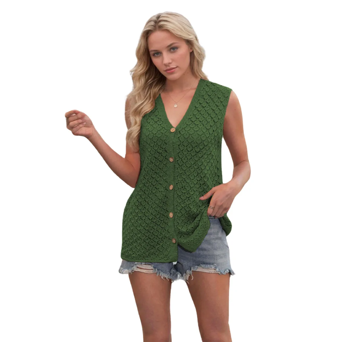 2025 neue Mode Sommer Amerikanischen frauen Einfarbig Casual Trendy V-ausschnitt Ärmellose Single-taste Gestrickte Shirts Weibliche Kleidung