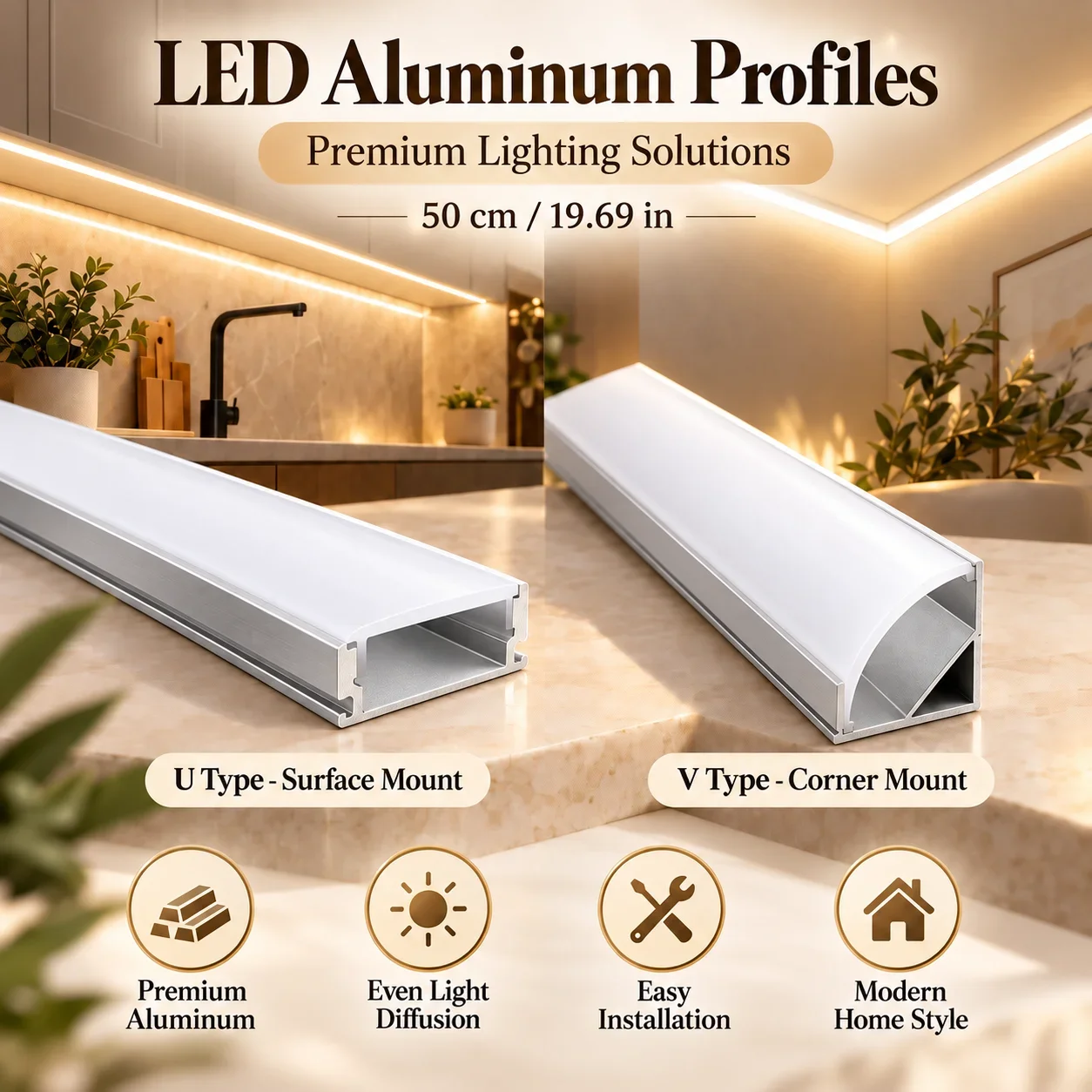 50cm U/V-Style Aluminium Channel for LED Strip with Milky PC Cover - Aluminum Profile Light Holder for LED Bar Strips