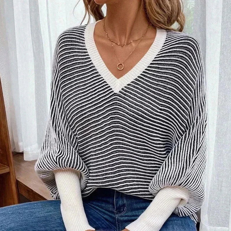 Women Sweater V-Neck Long Sleeve Pullovers Striped Knit Loose Tops Female Autumn Winter Casual Streetwear
