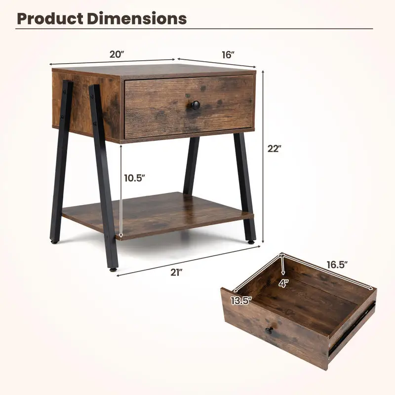 Industrial Nightstand With Drawer, Adjustable Foot Pads, Rustic Brown Bedside Table For Bedroom, Living Room Storage