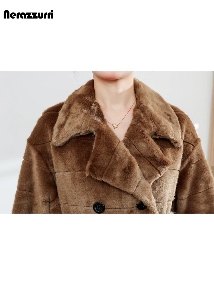 Nerazzurri Winter Long Striped Thick Warm Fluffy Faux Fur Trench Coat for Women Sashes Double Breasted Luxury Furry Overcoat