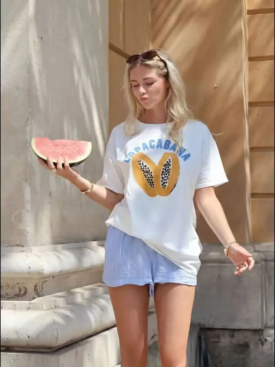 Brazil Beach Tropical Fruit Tshirt Women's Beach Style Short Sleeve Vacation 100% Cotton Summer Tee Young Holiday Casual 2026