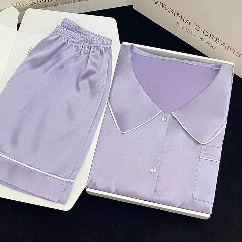 Elegant Rhinestone Button Purple Pajamas Women Y2k Simulated Silk Ladies Summer Short Lounges 2024 New Fashion Solid Nightwear