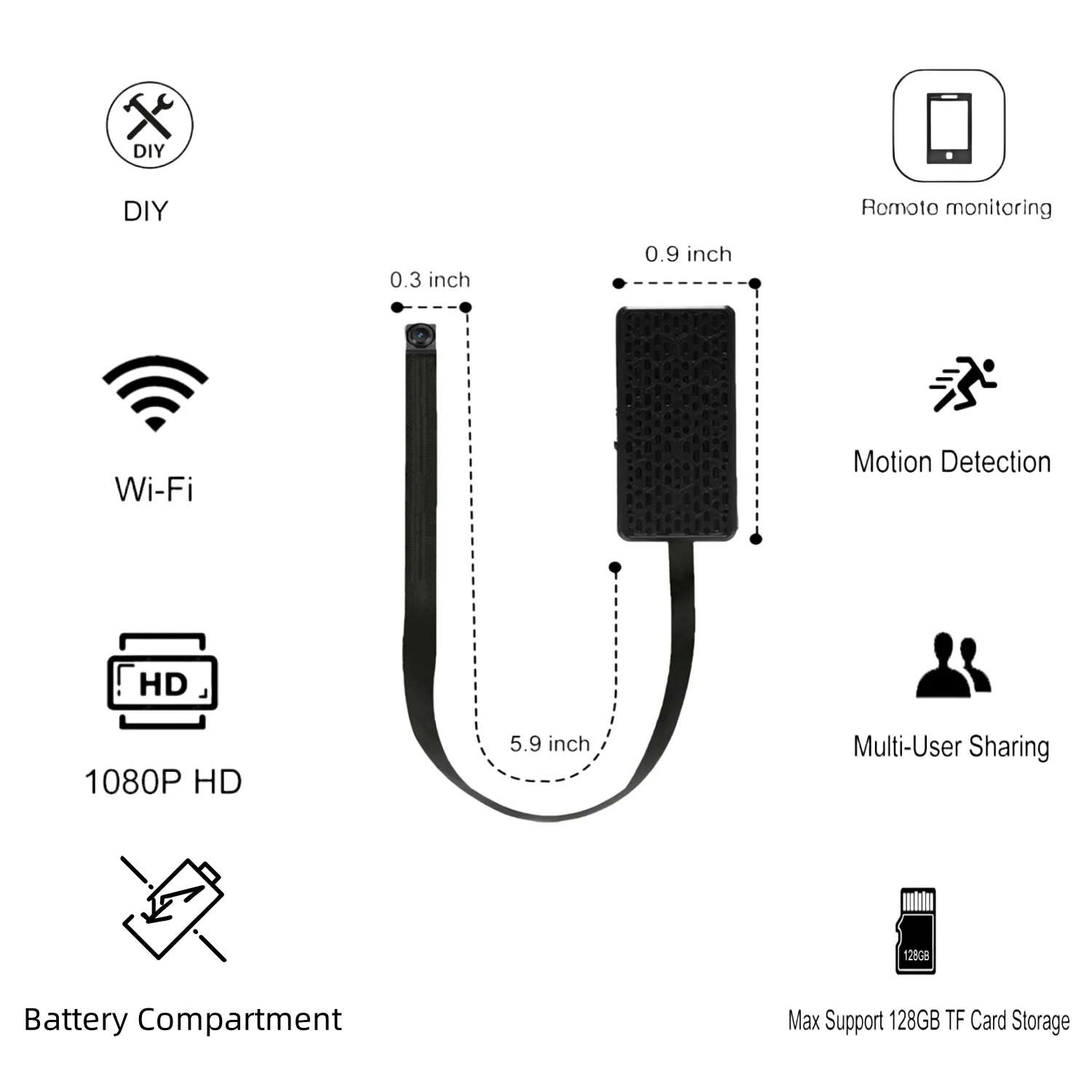 1080P HD Mini Camera with Battery Compartment WiFi Connection and Remote Control DIY Video Playback for Home Office Security