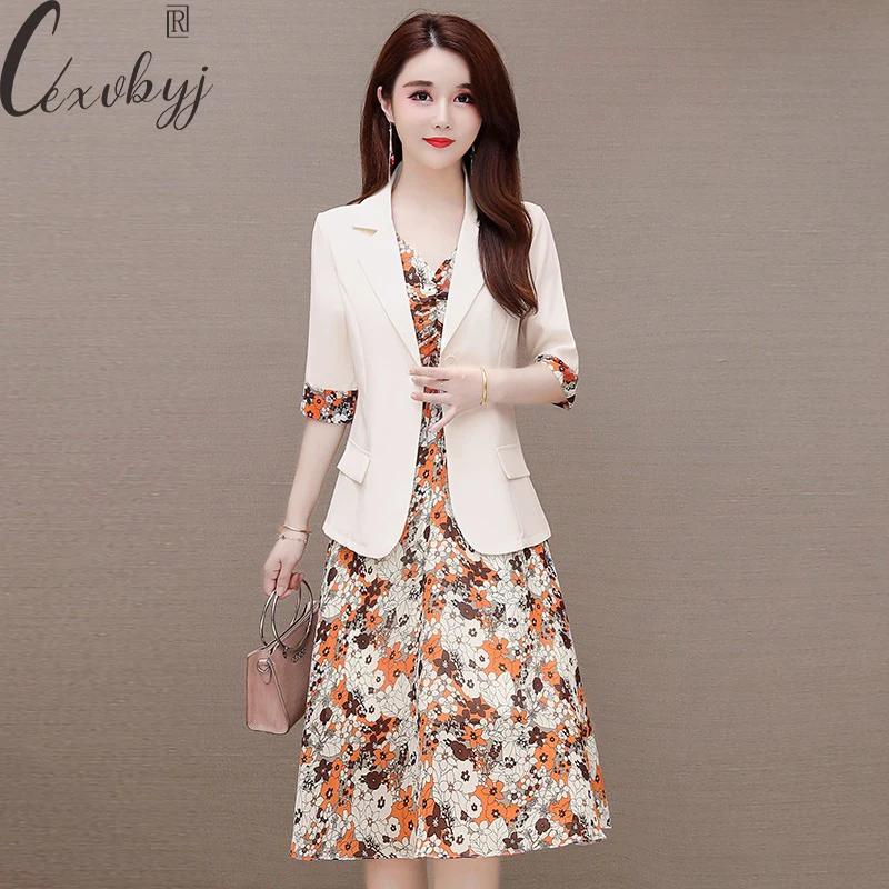 

Spring Summer Floral Dress Suit Women Thin Half Sleeve Blazer Coat+Sleeveless Tank Chiffon Dress Two Peice Set Korean Outfits