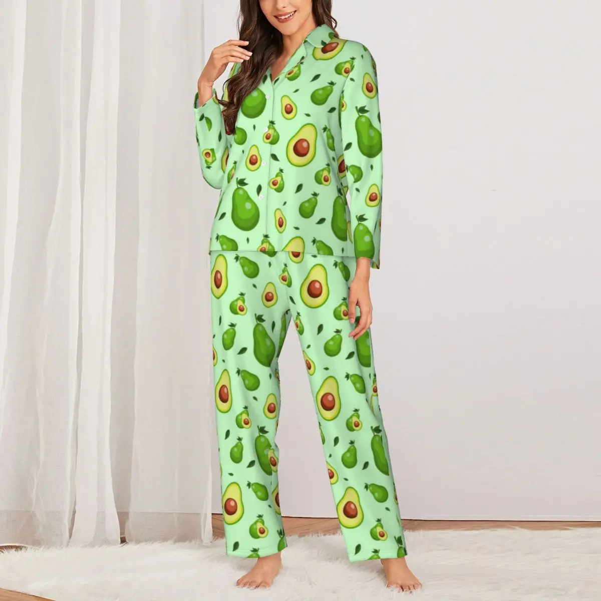 Avocado Print Pajamas Female Funny Fruit Kawaii Room Nightwear Autumn Two Piece Vintage Oversized Graphic Pajama Set