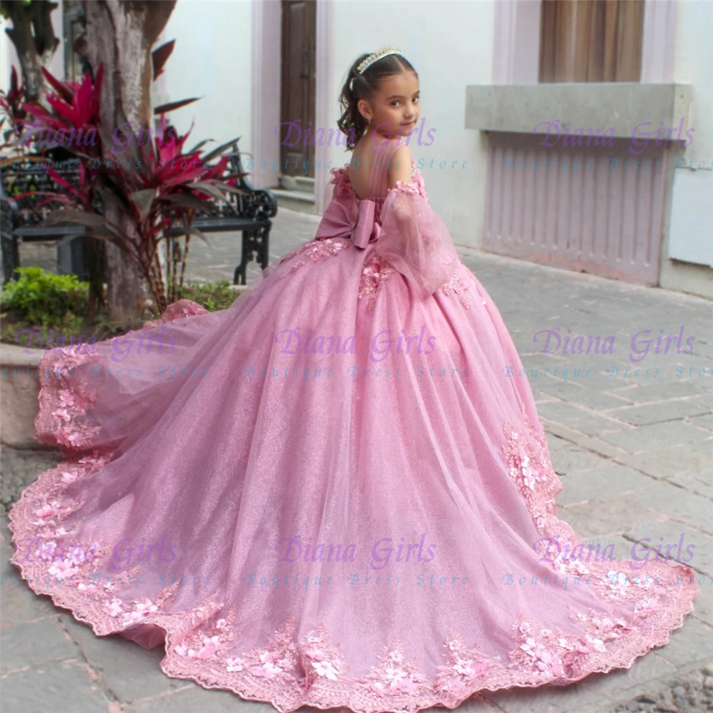 

New Gorgeous Flower Girl Dress Pink Tulle Fluffy with Exquisite Applique for Kids BWedding Irthday Party Evening Gowns