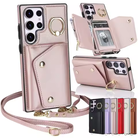 Ring Holder Crossbody Leather Wallet Case For Samsung Galaxy S23 S24 Ultra S22 Plus S21 FE A55 A15 RFID Cards Solt Lanyard Cover