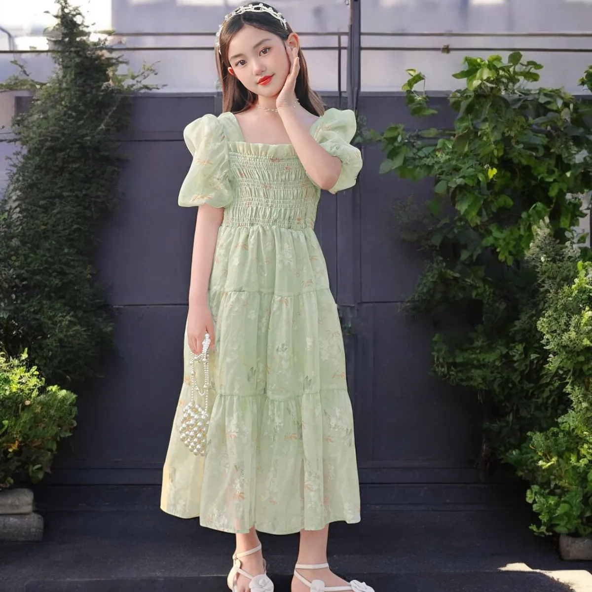 Girls Princess Dresses Baby Kids Flower Tutu Dresses Short Sleeve Green Prom Outfits Summer Children Costumes 4 6 8 10 12 Years