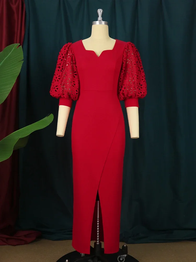 Robes rouges vintage pour femmes, grande taille, dentelle évidée, demi manches, robe fendue sur le devant, fête, événement, vêtements d'anniversaire, 4XL