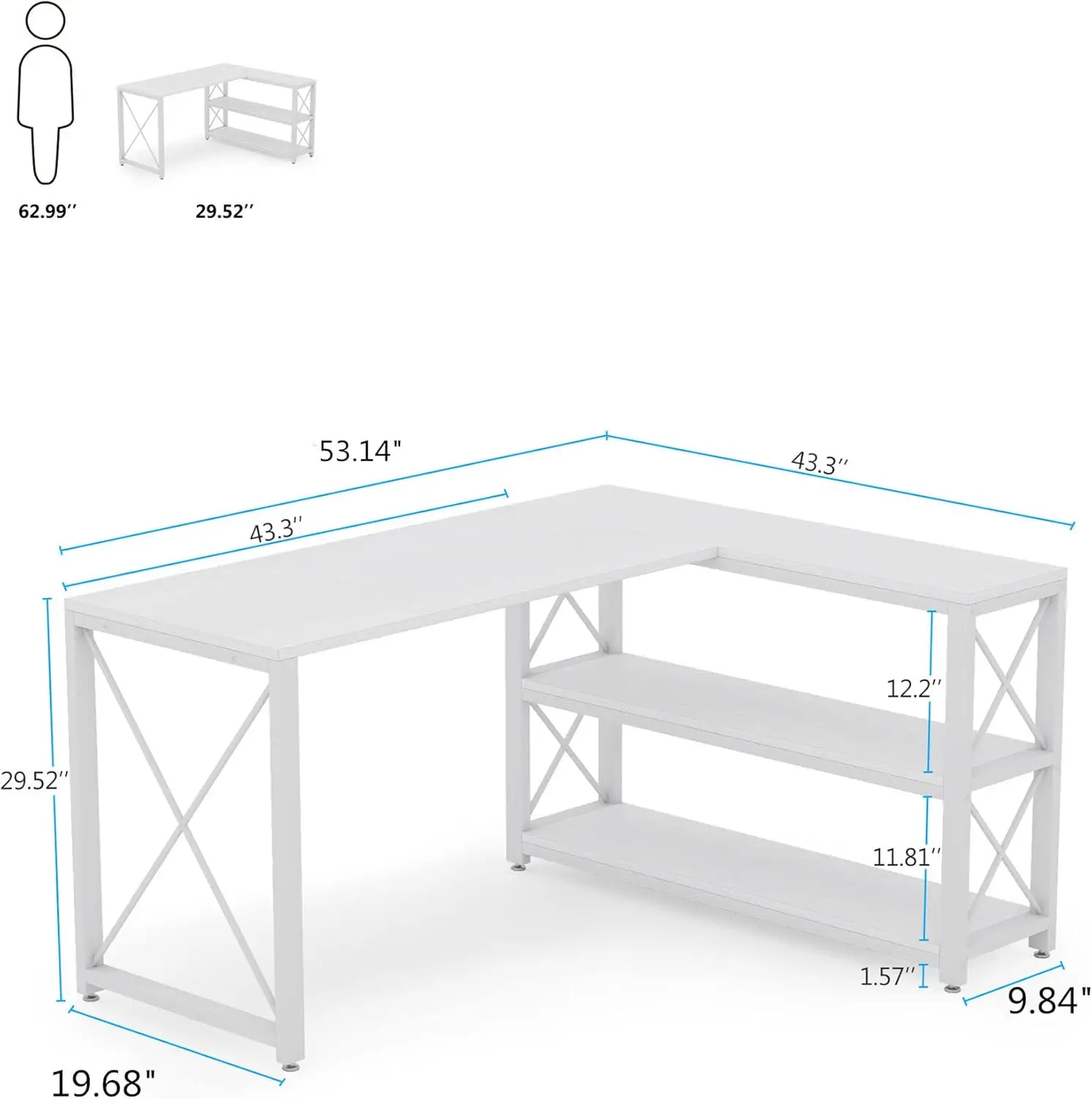 Reversible Industrial L-Shaped Desk with Storage Shelves, Corner Computer Desk PC Laptop Study Table Workstation