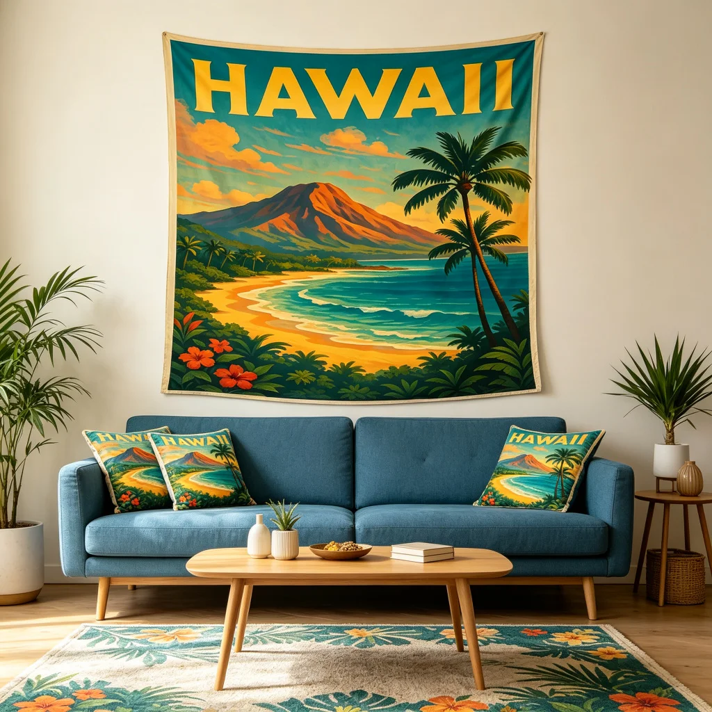 1PC Hawaii Volcano Beach Art Print Backdrop Banner, Bedroom Living Room Photo Background, Polyester, Home Decor, Wall Art