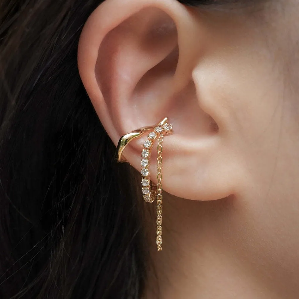 Gold Zircon Tassel Chain Ear Cuff No Piercing Twisted Metal Stackable Ear Clip Minimalist Vintage European American