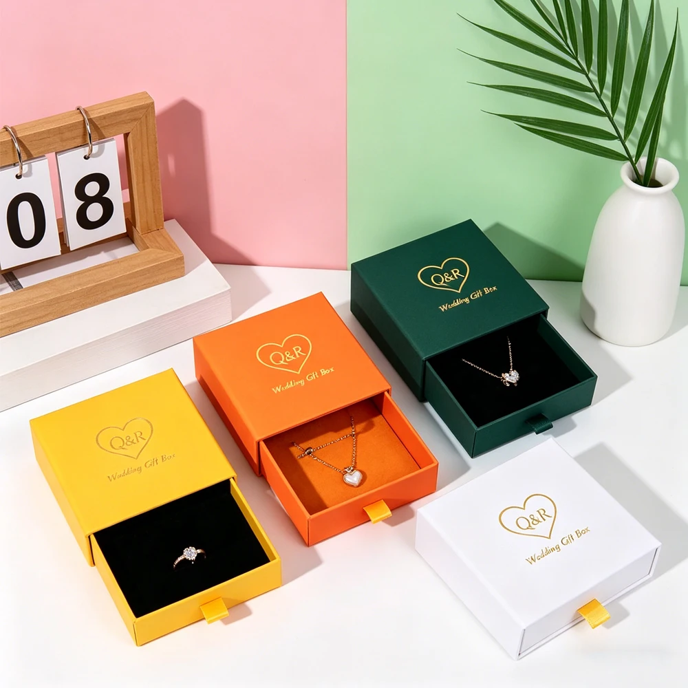 

100Pcs/Lot Small Custom Luxury Ring Bracelet Earrings Necklace Packaging Sliding Boxes Drawer Jewelry Gift Box With Logo Printed