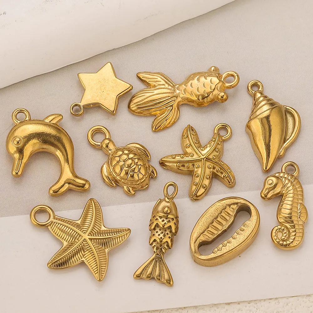 4/5pcs Stainless Steel Ocean Charm Conch Seahorse Starfish Gold-plated DIY Necklace Bracelet Jewelry Making Material Accessories image 5