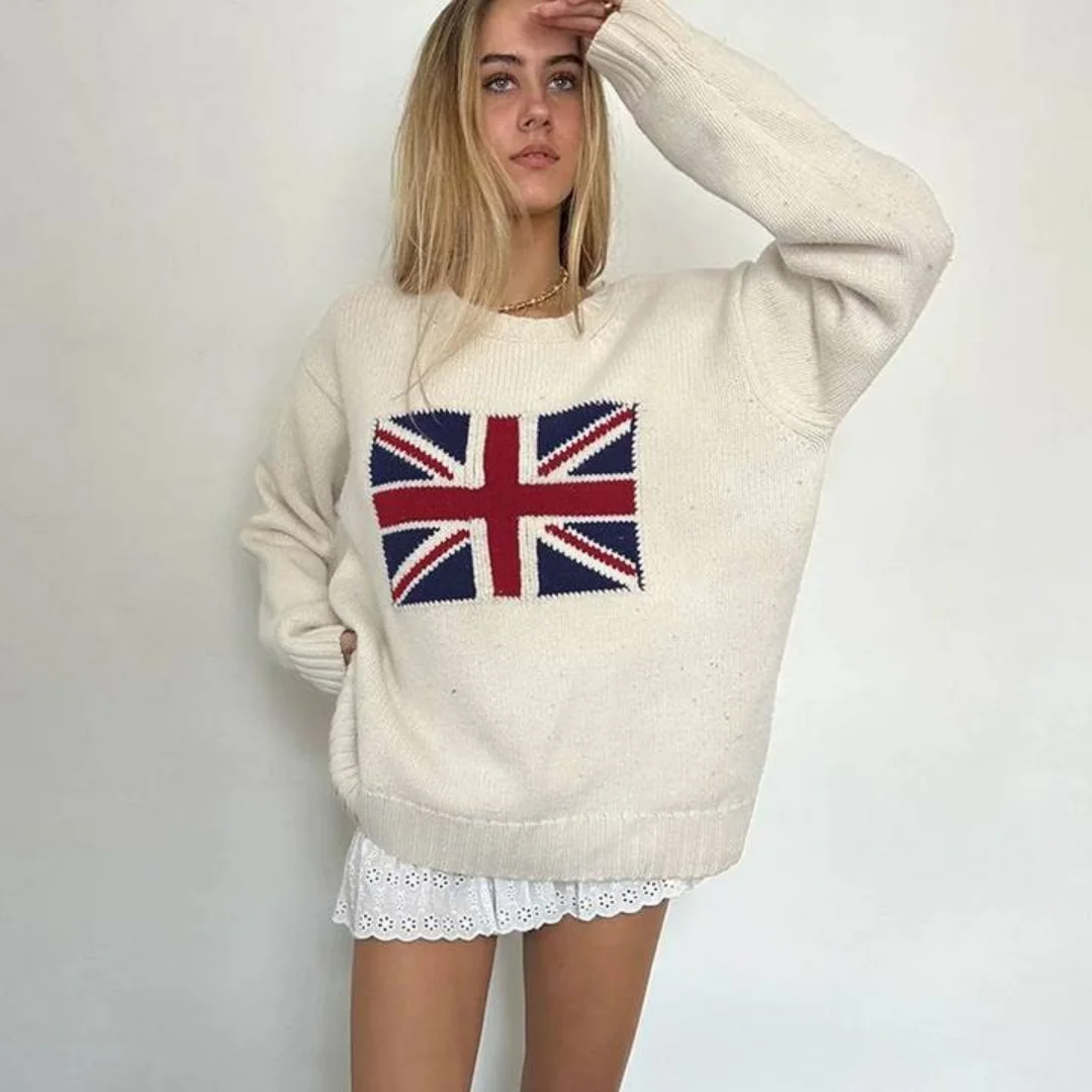 

Autumn/Winter European, American, British, and American Rice Flag Knitted Sweater Women's Loose Large Round Neck Top