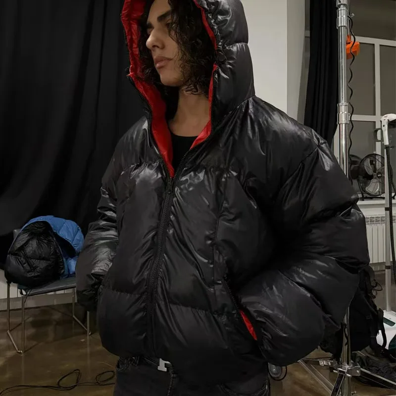 Men Shiny Puffer Jacket Back Homme Letter Print Hooded Down Coat Oversized Warm Winter Couple Bubble Coat Black White Unisex New view 2