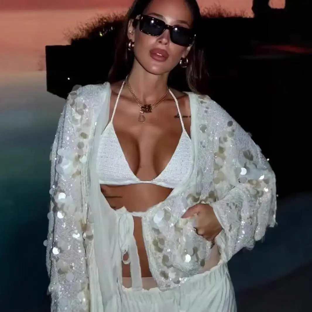 New spring and summer Women Sequin Kimono Jacket Coat Long Sleeve V Neck Female Casual Loose Outerwear Chic Lady Wrap Outfits