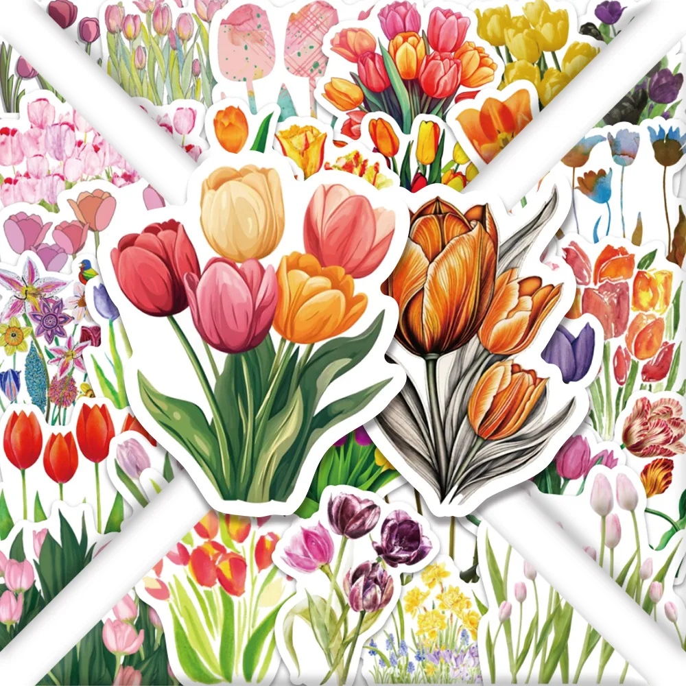 50 Uds. De pegatinas de recompensa de agradecimiento de flores de tulipa, caja de lápices decorativa de dibujos animados personalizada, taza, equipaje, planta, pegatina de Graffiti, juguete para regalo