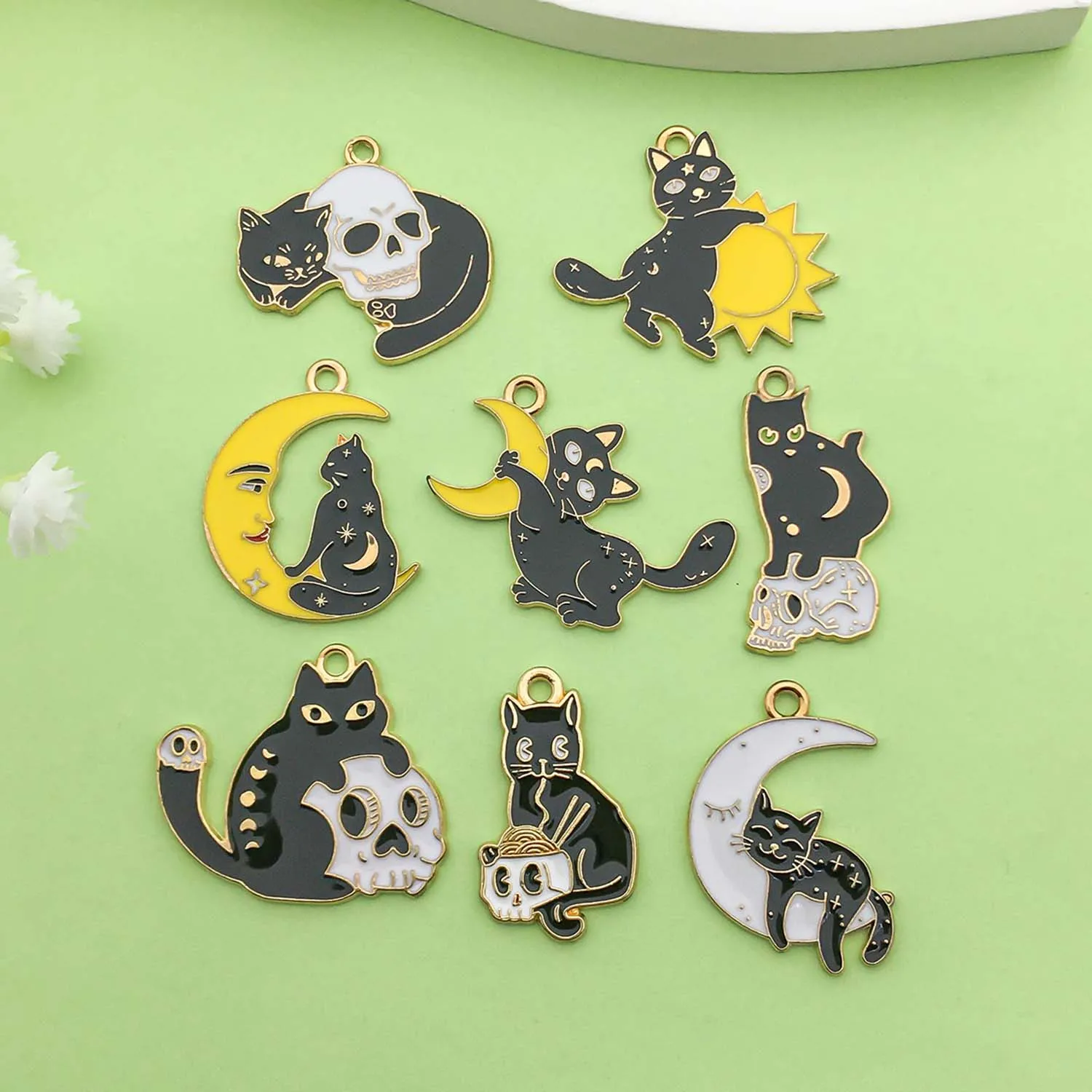 8/10pcs Enamel Skull Cat Charms Alloy Halloween Decoration Pendants for DIY Bracelet Necklace Jewelry Making Accessories