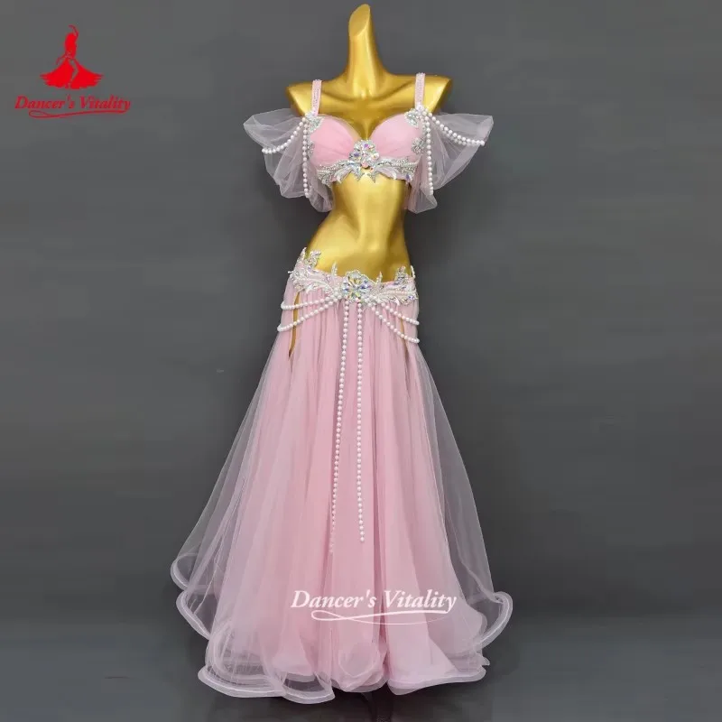 Belly Dance Performance Costume Senior AB Stones Bra Top+yarn Long Skirt 2pcs Customsized for Women Belly Dancing Popsong Suit