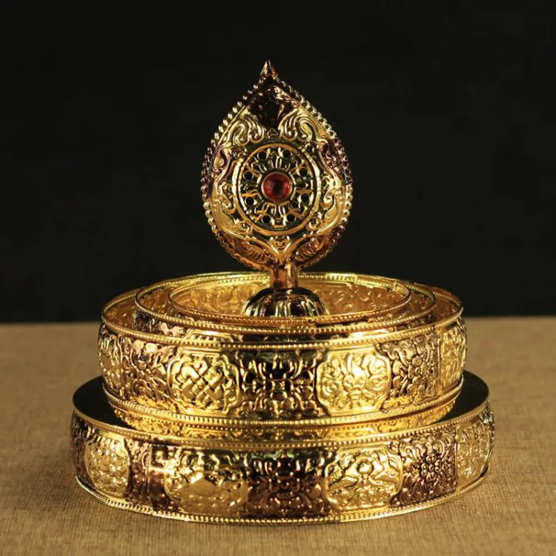 

18cm Gold/Silver Big Size Auspicious Symbol Manza Carving Alloy Metal Buddhist Home/Office Putting Decorate Dish/Plate/Tray Base