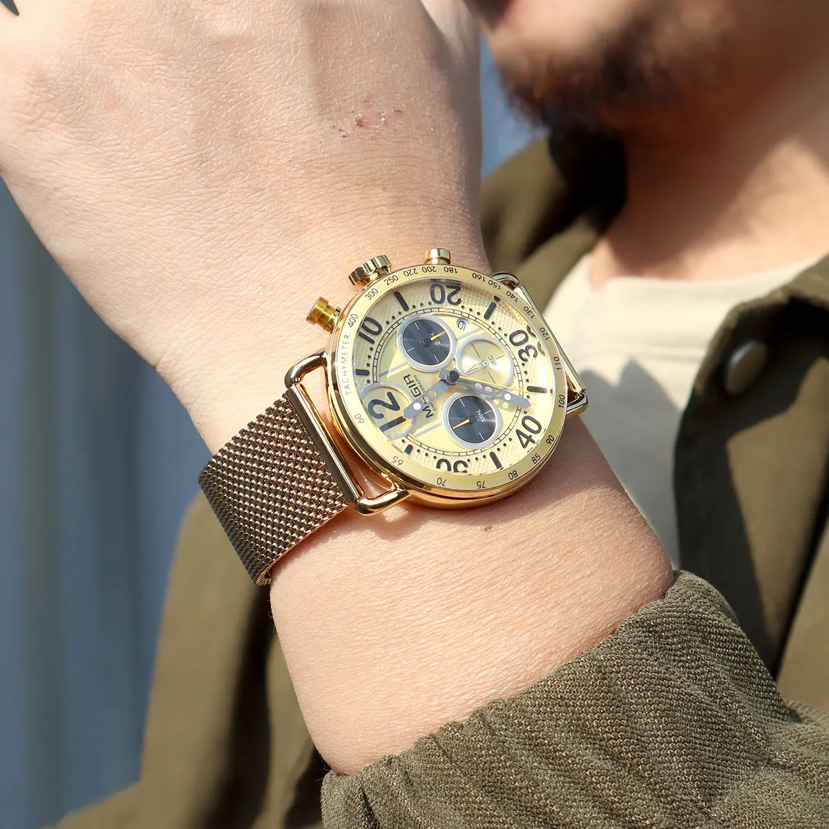 MEGIR Men's Sporty Multifunctional Chronograph Quartz Watch with Date Gold Mesh Strap Stylish Multi-Dial Waterproof Wristwatch