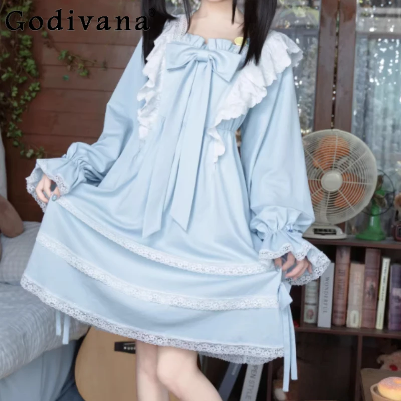 

Spring Lolita Women Blue Princess Lace Bow Nightdress Fashion High Waist Versatile Long Sleeve Age-reducing Princess Dresses