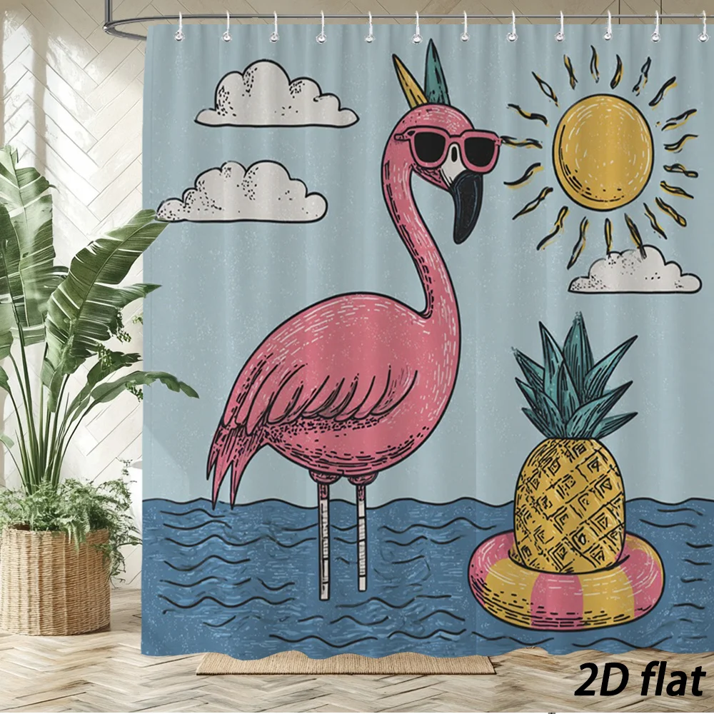 Tropical Flamingo Beach Scene Shower Curtain with Sun, Pineapple, and Clouds for Bathroom Decor
