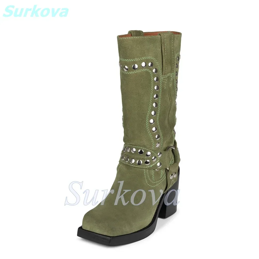 Rivet Boho Boots Square Toe Square High Heels Slip On Mid Calf Boots Fashion Women Shoes Spring Autumn Winter Modern Booties