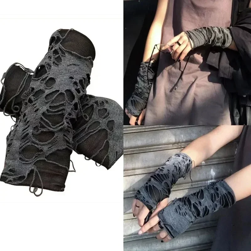 Gothic Black Fingerless Long Gloves Punk Hole Half-finger Glove Arm Warmer Beggar Cosplay Halloween Costume Accessories HOT