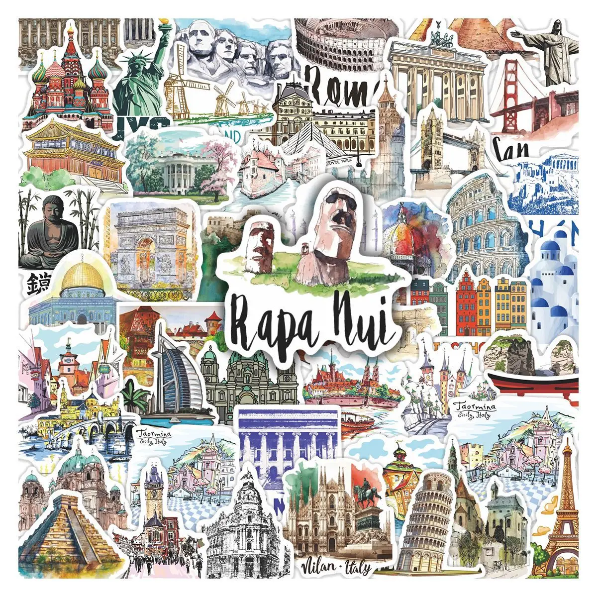 

50pcs World Landmark Building Stickers for DIY Scrapbooking Phone Laptop Guitar Suitcase Car Helmet Bottle