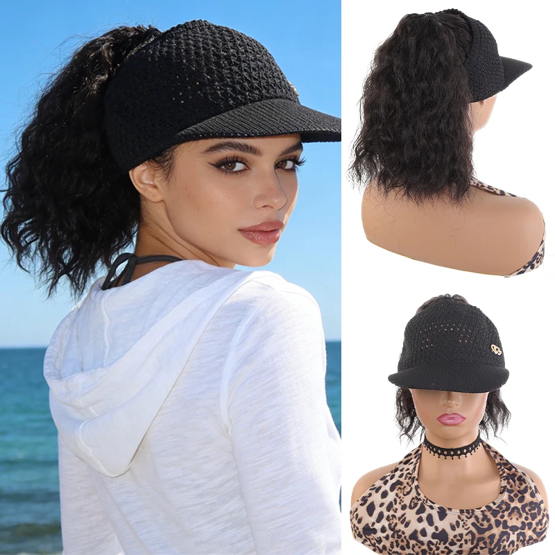 Schwarze Hollow-Out-Visor-Perücke mit lockigem Haar, Synthetikfaser, atmungsaktiv & leicht, einfach zu tragen für Sommer, Strand & Freizeit