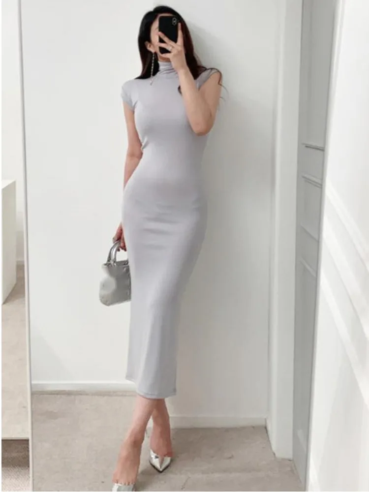 WOMENGAGA Korea 2022 Autumn Clothing New Style Feminine Turtleneck Slim Sexy Tank Maxi Long Dress Hot Sexy Korean Women FD11