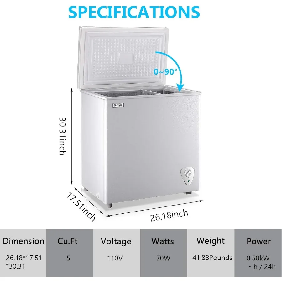 فريزر الصدر 5.0 قدم مكعب فريزر عميق صغير أبيض باب علوي فريزر صغير مع سلة قابلة للإزالة منخفضة الضوضاء 7 درجة حرارة قابلة للتعديل