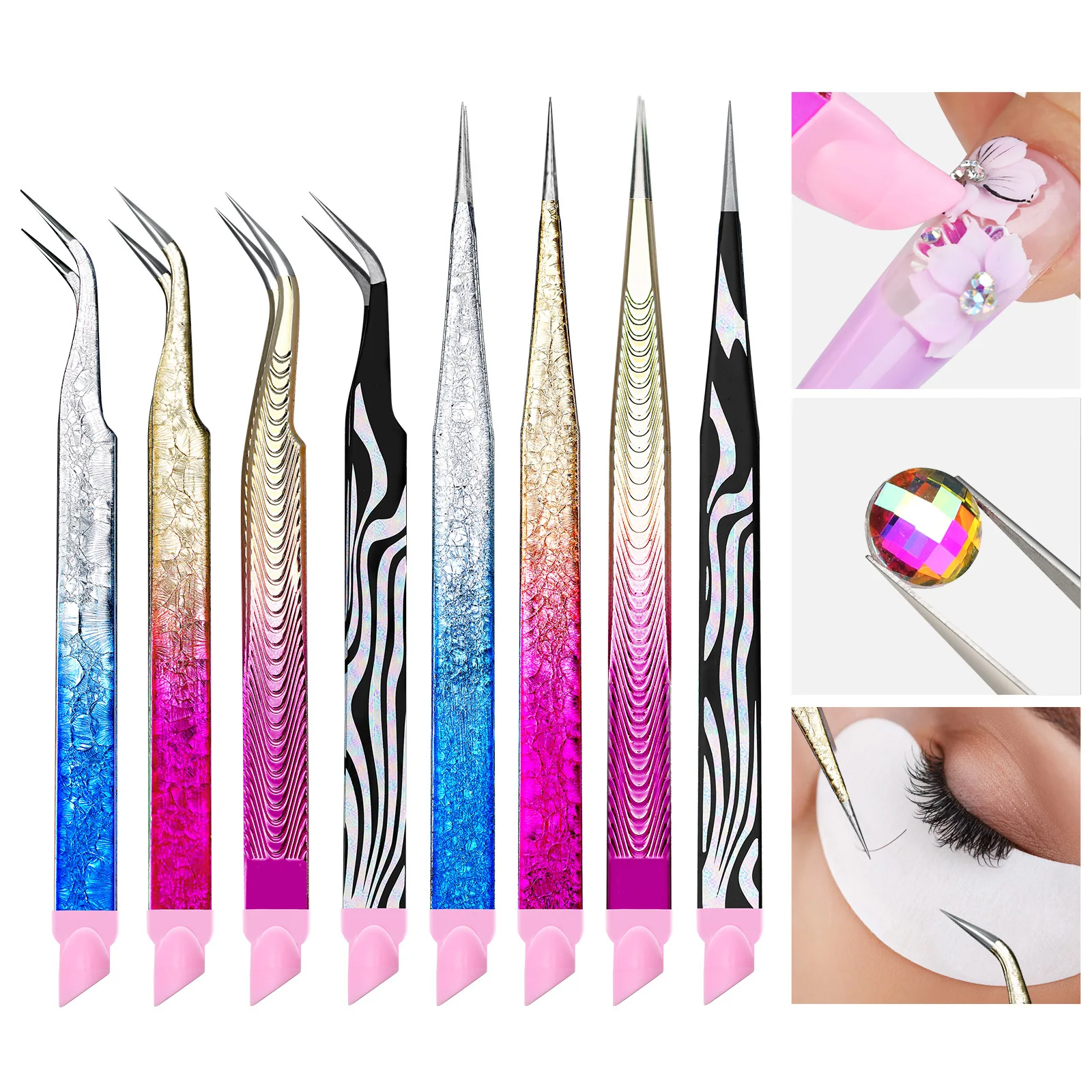 Multifunktionale Nagelpinzette aus Edelstahl, Eisblume, bunte Präzision mit Silikon-Pressstab für Wimpern und Nagelkunst