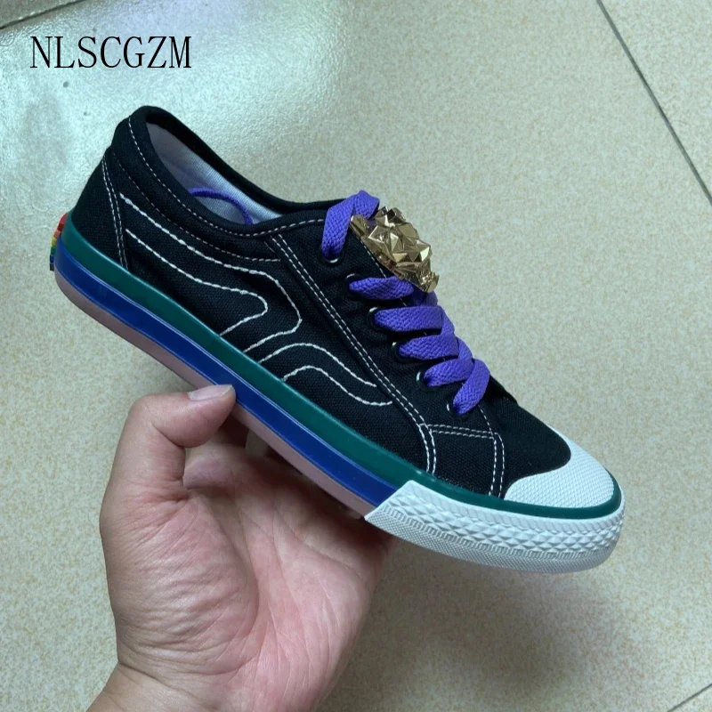 Rainbow shoes women luxury sneaker sports casual designer shoes breathable canvas women's vulcanize shoes size 35-40 black white