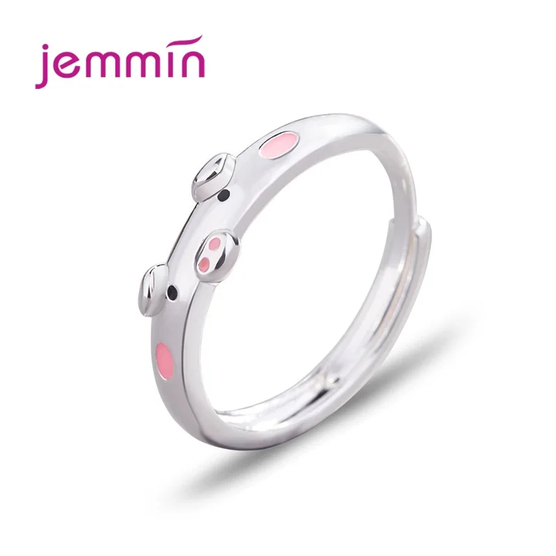 Women Girl Jewelry 925 Sterling Silver Adjustable Open-ended Red Pink Rings Animal Cute Pig Pattern